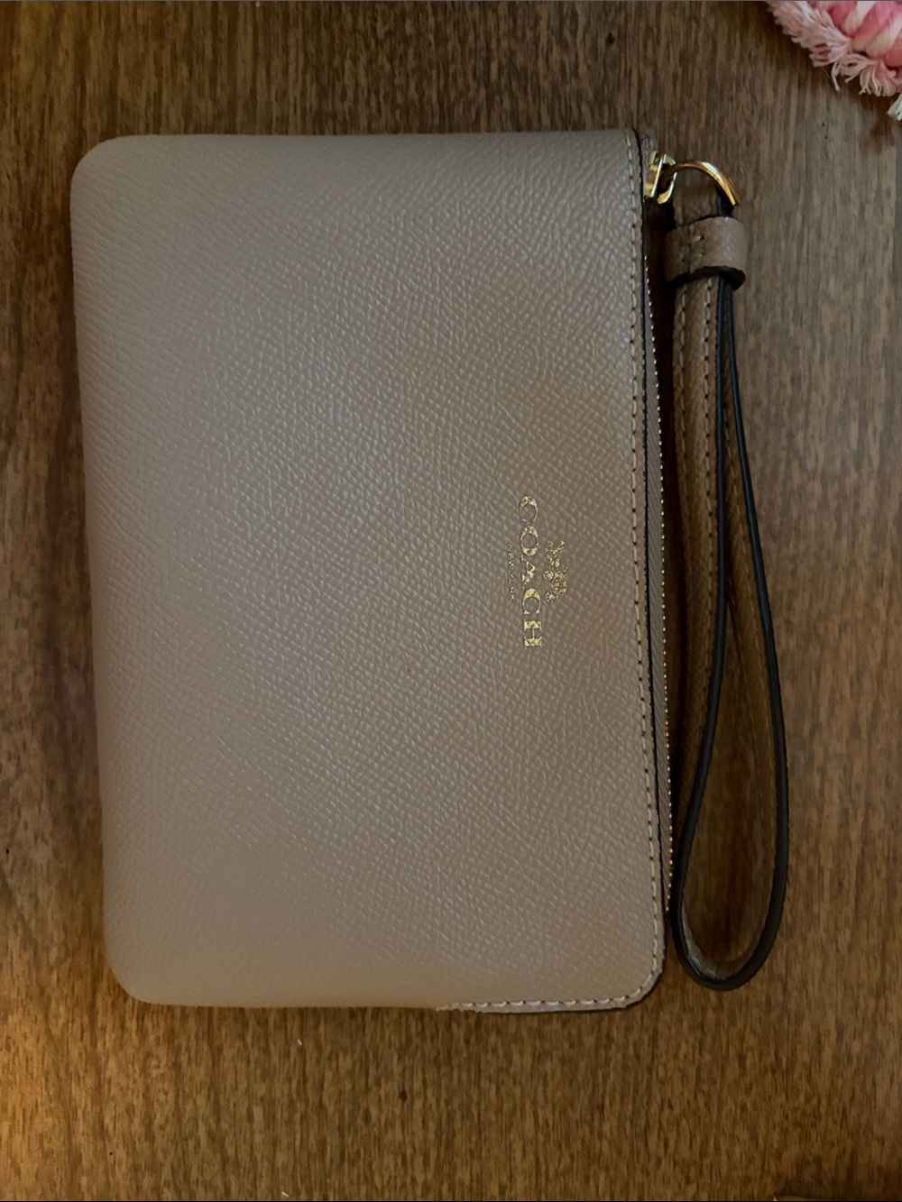 Coach Taupe Pebbled Leather Wristlet with Gold Logo